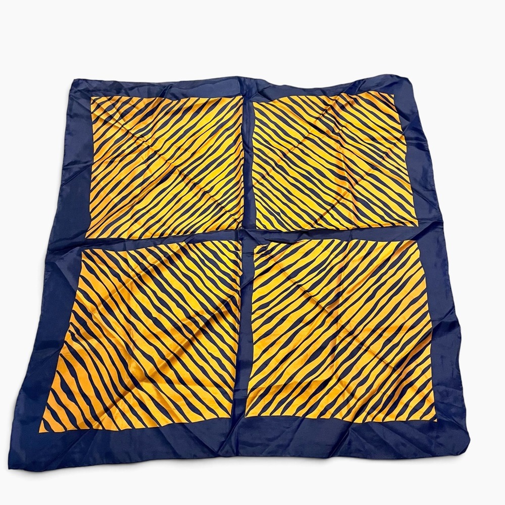 Glentex Vintage Silk Square Scarf Blue Yellow Diagonal Stripe Japan Animal Print